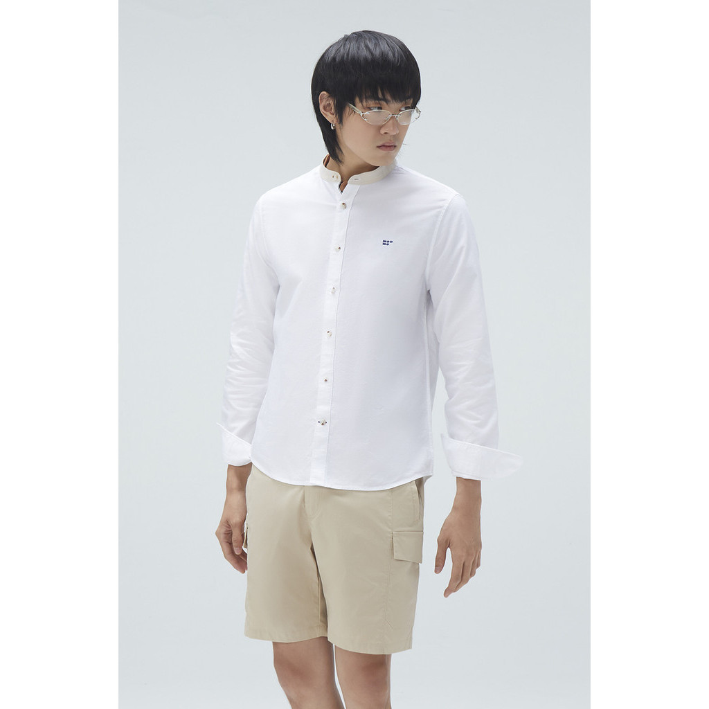 ESP เสื้อเชิ้ตแขนยาวคอจีน ผู้ชาย สีขาว | Contrast Stand Collar Shirt | 03813