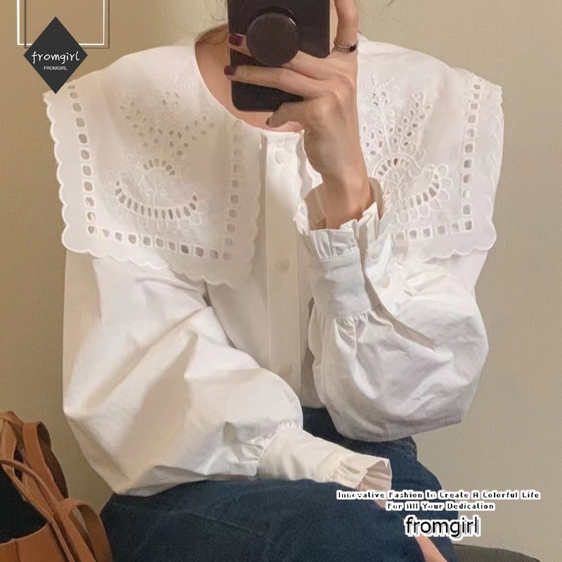 เสื้อเชิ้ต คอปก กระดุมแถวเดียว สีขาว สไตล์ฝรั่งเศส