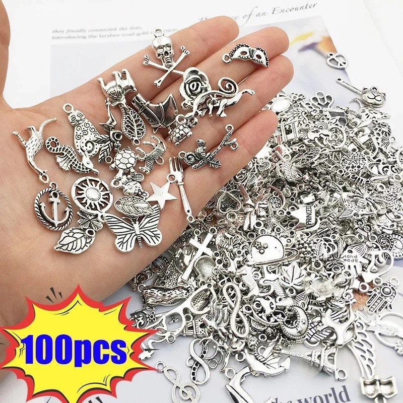 จี้ลูกปัดโลหะ สีเงิน แฮนด์เมด สําหรับทําเครื่องประดับ DIY จํานวน 100 ชิ้น