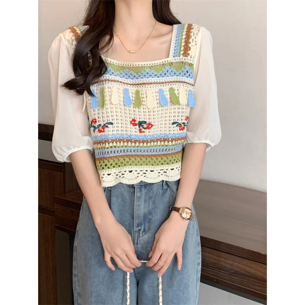 DODO✨พร้อมส่ง✨เสื้อถักไหมพรม คอเหลี่ยม เสื้อถักไหมพรม แขนสั้นผ้าชีฟอง สีพาสเทลใส่สบาย(72026)