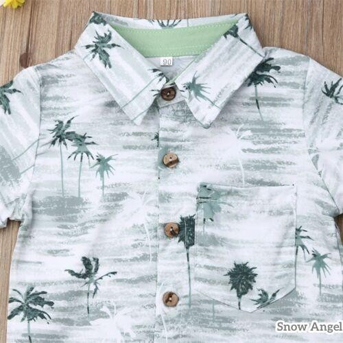 Baby Boy tidding Outfit Summer Set เสื้อยืดแขนสั้นพิมพ์ลายต้นมะพร้าว + กางเกงขาสั้นกระดุมกระเป๋าสีกากี - รูปที่ 3