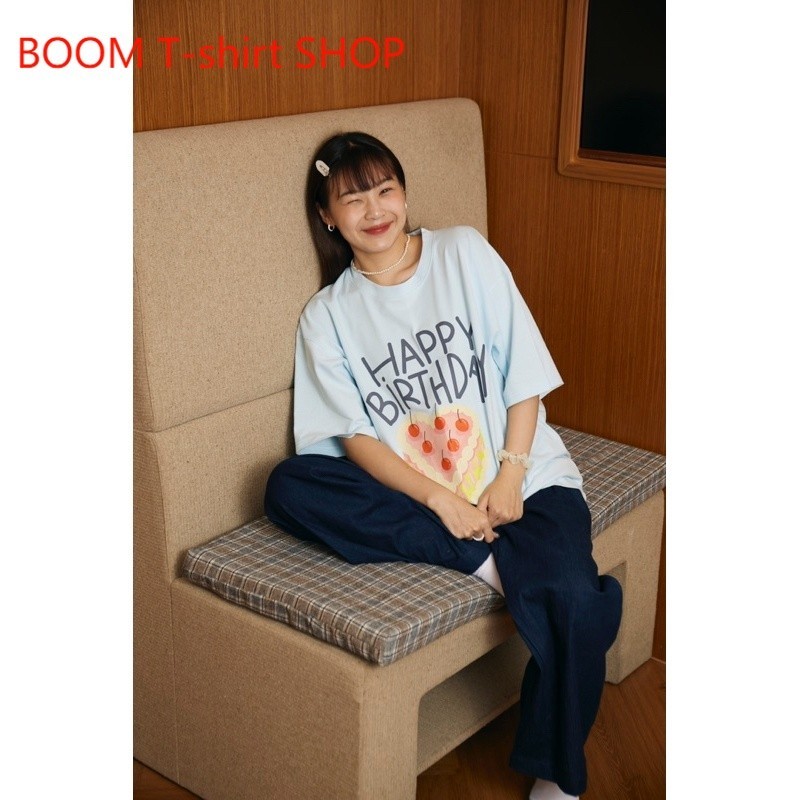（จัดส่งตลอด24ชั่วโมง）BOOM SHOP Birth day oversize T-shirt เสื้อยืด cotton100 แฟชั่นสไตล์เกาหลี 6สี S