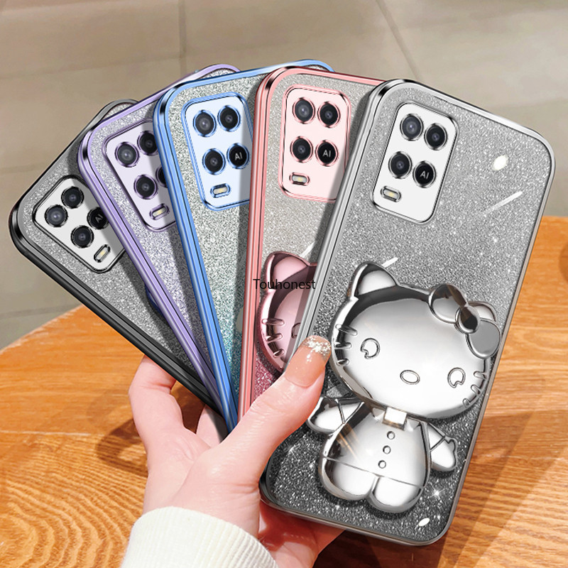 เคส For Oppo A54 เคส Oppo A52 เคส Oppo A72 Casing Oppo A92 Case Oppo A1 Pro Case Oppo A2 Pro Case Oppo F17 Pro Case Oppo A73 Case Oppo A79 Case Oppo Reno4 Lite Reno 4F Case Cute Hello Kitty Vanity Mirror Holder Stand Shiny Phone Case Cover Cassing VY