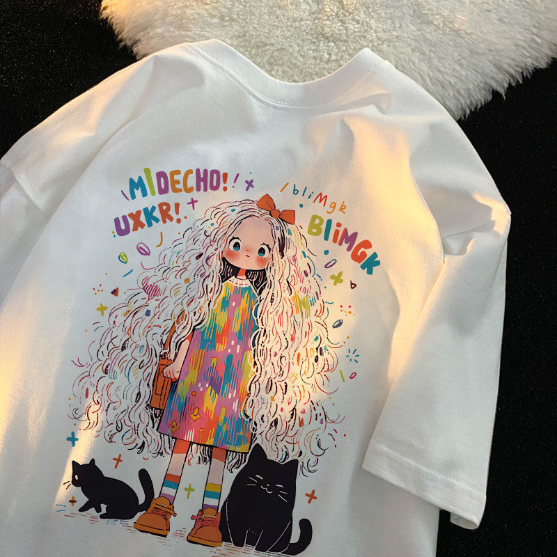 【Polyester】เสื้อยืดคอกลม แขนสั้น ลายการ์ตูนน่ารัก ทรงหลวม อเนกประสงค์ แฟชั่นฤดูร้อน สําหรับผู้หญิง นักเรียน