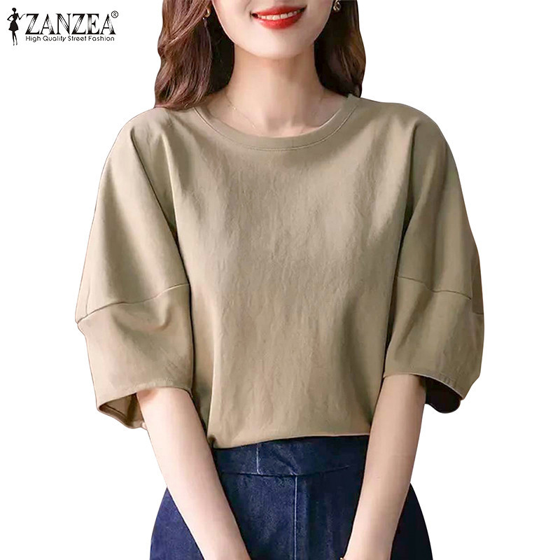 Zanzea เสื้อเบลาส์ คอกลม แขนครึ่ง ลําลอง สีพื้น สไตล์เกาหลี สําหรับผู้หญิง