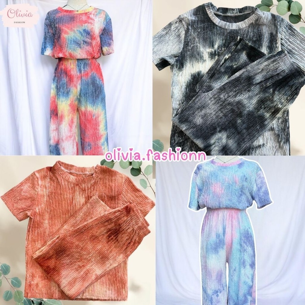 🦄Olivia🦄 ชุดเซ็ทลายมัดย้อม สีสด เสื้อคอกลมแขนสั้น+กางเกงขายาว ฟรีไซส์ ใส่สบาย #SET02