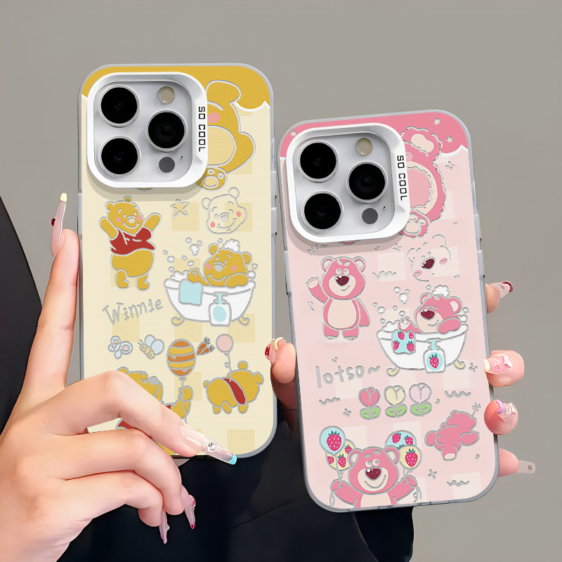 เคส iphone hone IP 11 12 IP 13 14 15plus 13 14 15 PROMAX น่ารักการ์ตูนสตรอเบอร์รี่หมีคู่ปุ่มโลหะขั้นสูงเลนส์เคสโทรศัพท์