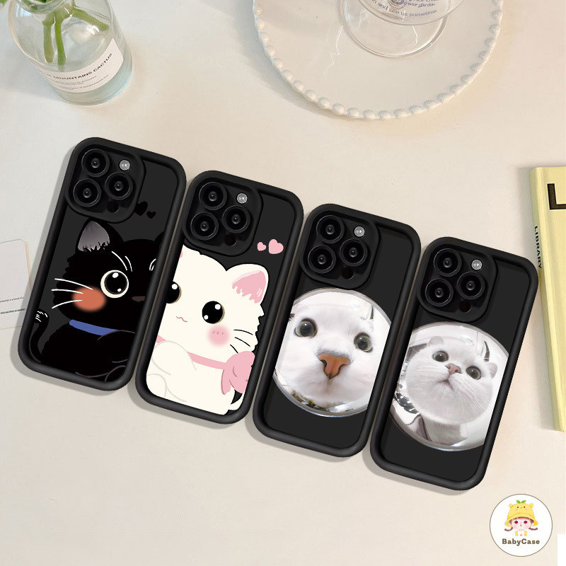 การ์ตูนสร้างสรรค์น่ารักแมวดำ Love Heart Case สำหรับ iPhone 15 11 13 12 14 Pro Max 7Plus XR 7 15 6 6s 8 Plus X XS Max