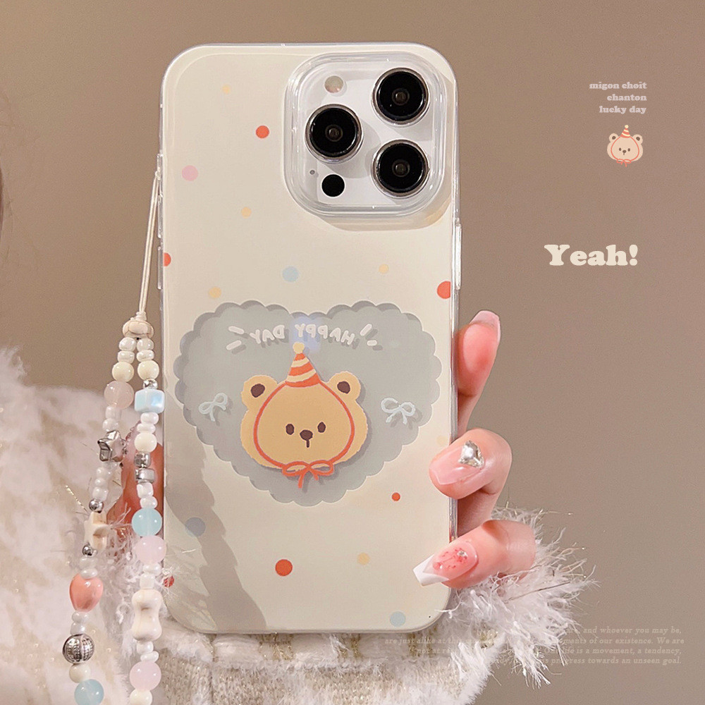 เคสโทรศัพท์มือถือ ซิลิโคน tpu กันกระแทก ลายหมีแฮปปี้ สีเหลืองนม พร้อมสายโซ่คล้อง สําหรับ iphone 11 12 13 14 15 pro max plus x xr xs max 7 8 plus se2020