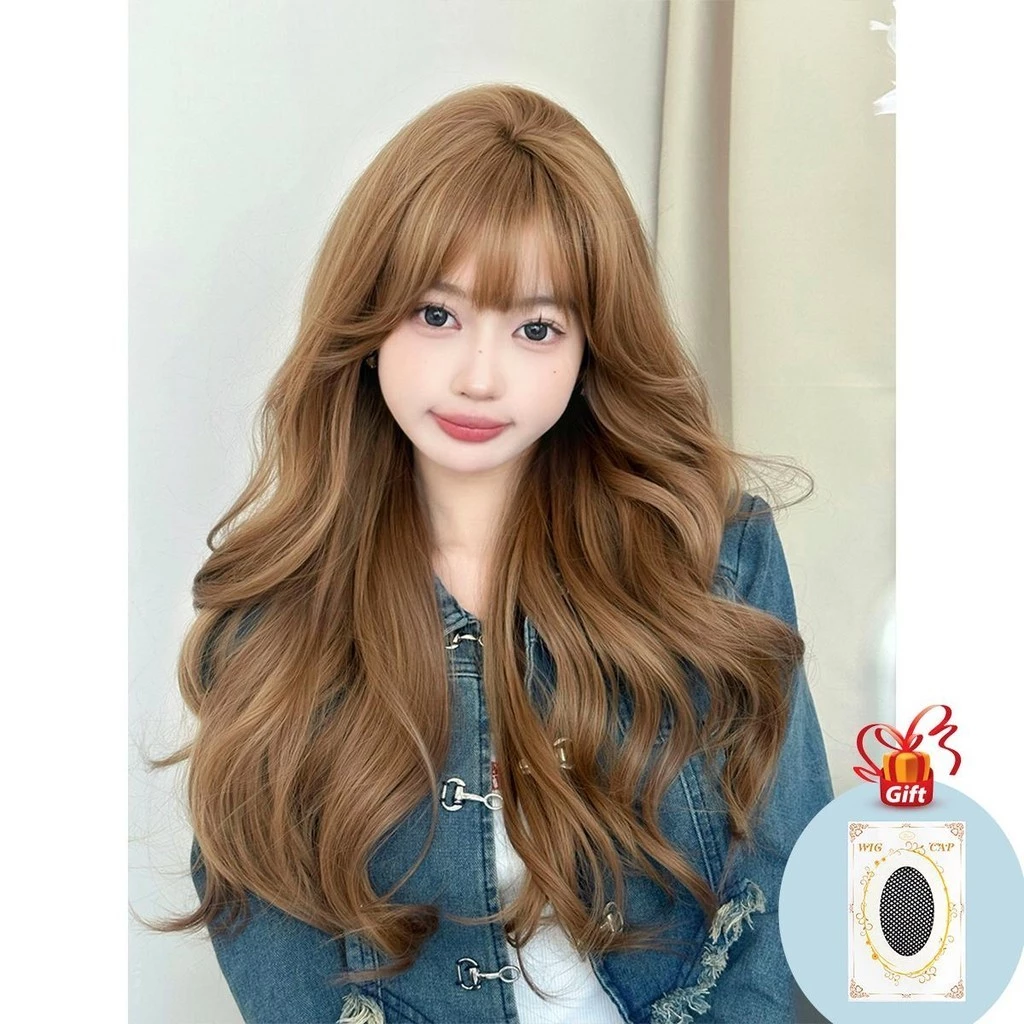 GDS Wigs วิกผมสีน้ำตาลอ่อนประกายทอง มีหน้าม้า (ยาว 70 cm) แถมเน็ตผม