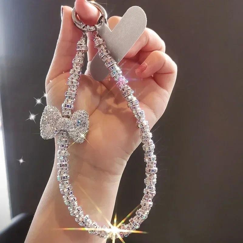 เพชรสั้น Studded Bow โทรศัพท์มือถือ Lanyard สายรัดข้อมือเชือกเส้นเล็กเงา IPhone 16 กรณี Key Universal เชือกกระเป๋า Body KitJewelry