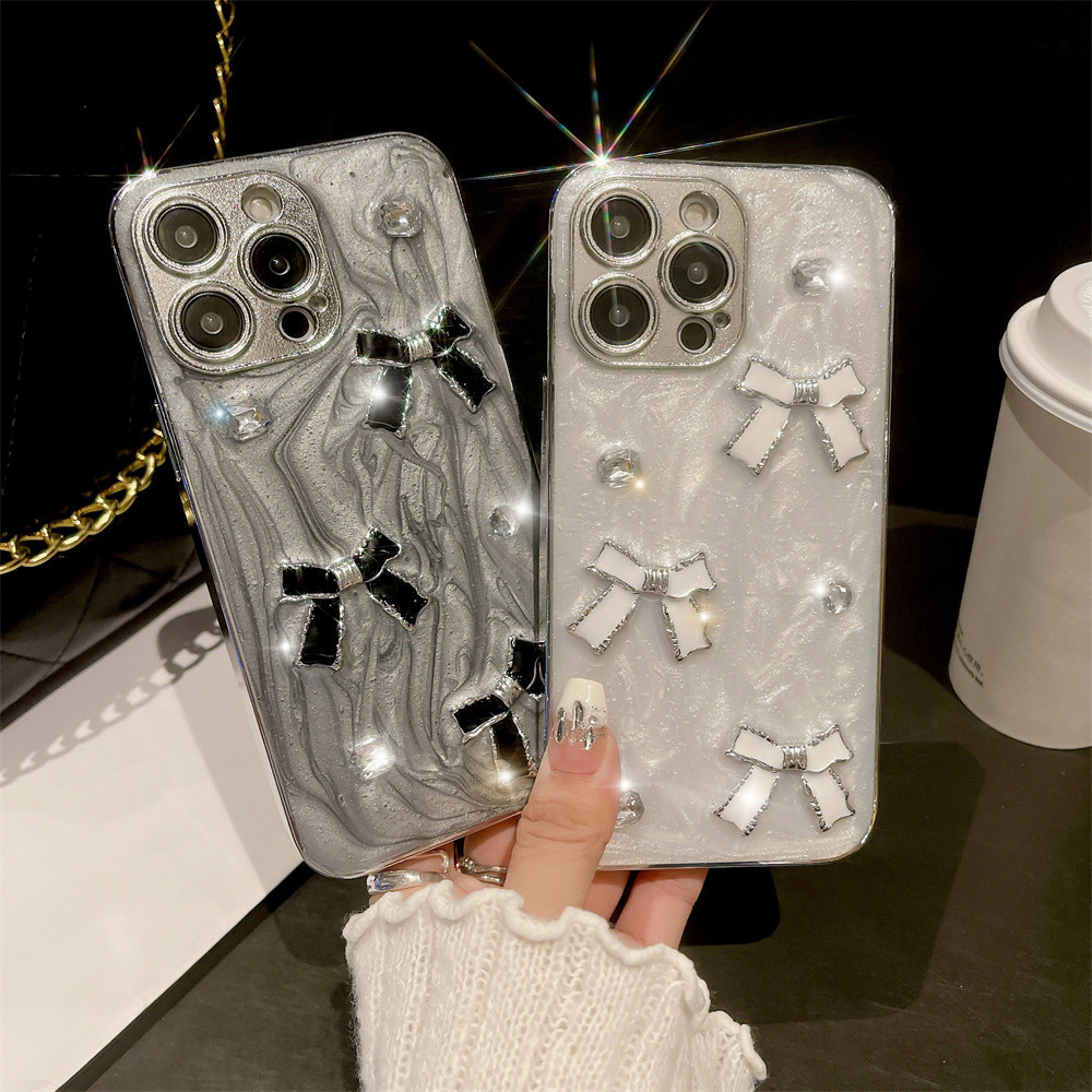 เคสโทรศัพท์มือถือแบบแข็ง กันกระแทก กันรอยกล้อง ประดับโบว์เพชร หรูหรา แฟชั่น สําหรับ IPhone 11 12 13 14 15 Pro Max