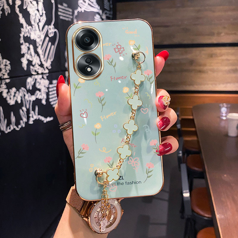 ปลอกoppo A3X 5G 4G A60 4G A1 A2 A79 A98 F23 5Gรูปแบบดอกไม้ขนาดเล็กพร้อมสร้อยข้อมือFour Leaf Cloverกั