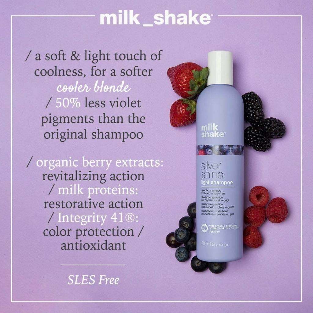 Milk Shake Silver Shine Light Shampoo 300/1000ml แชมพูม่วงสำหรับผมผ่านการทำสีบลอนด์สว่าง สีเทา หรือผมขาว
