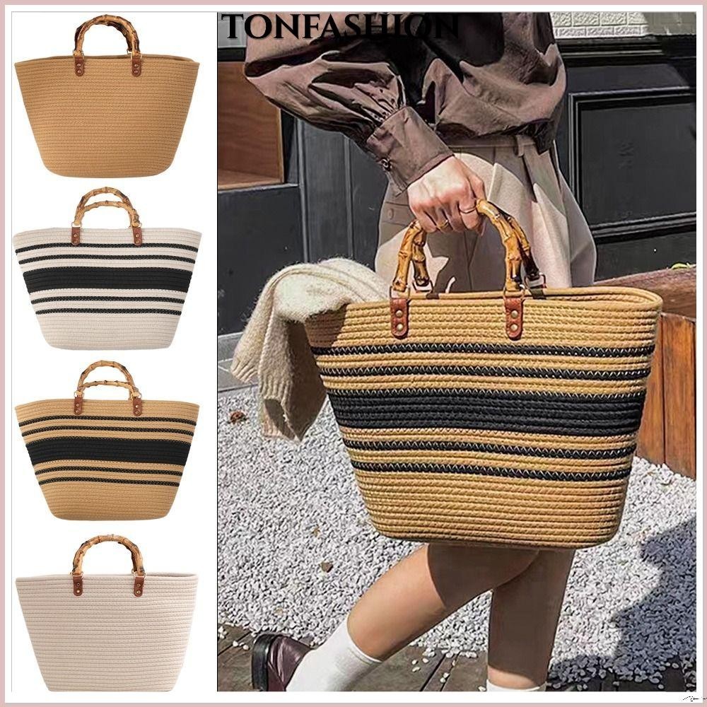 Tonfashion กระเป๋าถือ ผ้าฝ้ายถัก ลายทาง แฮนด์เมด