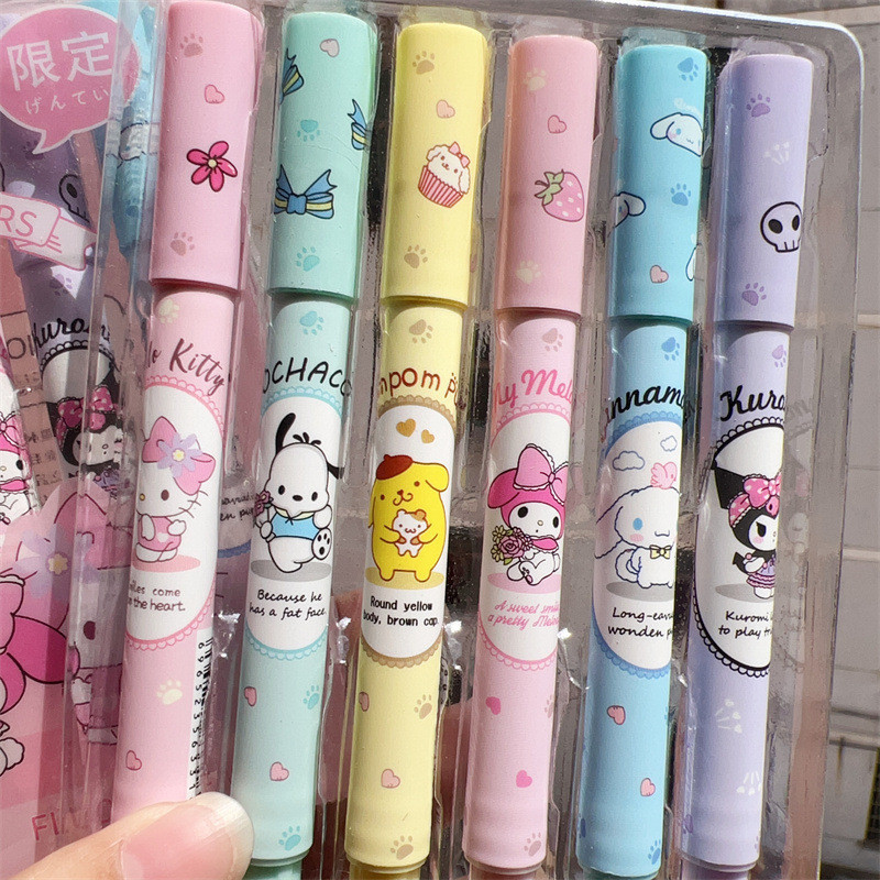 SANRIO ชุดเครื่องเขียน ปากกามาร์กเกอร์ อเนกประสงค์ ลาย Kuromi Melody Hello Kitty สีสันสดใส สําหรับนักเรียน จํานวน 6 ชิ้น