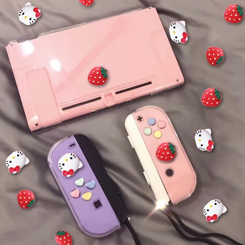 4 ชิ้น / เซต Sanrio Hellokitty น่ารัก สตรอเบอร์รี่ ซิลิโคน อะนาล็อก ฝาครอบนิ้วหัวแม่มือ สําหรับ Nintendo Switch & Switch OLED / Lite NS JoyCon จอยสติ๊ก ฝาครอบป้องกัน