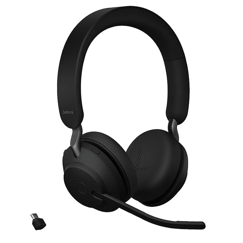 Jabra Evolve2 65 UC Wireless Headphones with Link380c Stereo Black, a wireless Bluetooth headset for calls and music, with 37 hours of battery life and passive noise-canceling headphones.