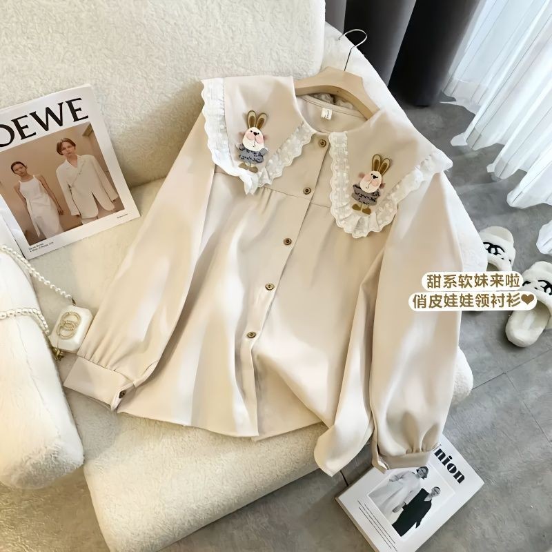 เสื้อเชิ้ต คอตุ๊กตากระต่าย พลัสไซซ์ 150 กก. สไตล์เกาหลี เรโทร เหมาะกับฤดูใบไม้ผลิ ฤดูใบไม้ร่วง สําหรับผู้หญิง