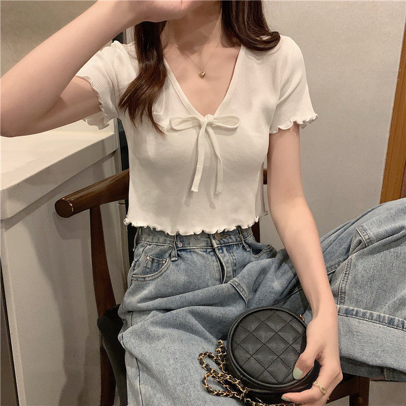 เสื้อครอปแขนสั้น ผ้าถัก ประดับโบว์ แฟชั่นฤดูร้อน สําหรับผู้หญิง