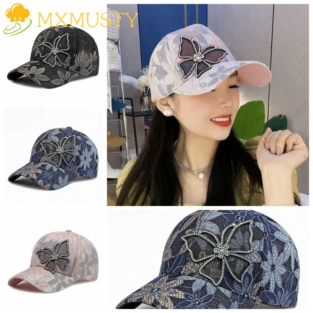 Mxmusty หมวกตาข่าย ประดับเพชรเทียม พลอยเทียม ลูกไม้ ปักลายผีเสื้อ กันแดด ฤดูร้อน สําหรับผู้หญิง