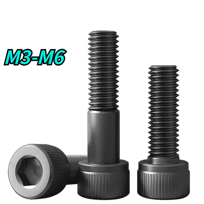 [HNK] สกรูซ็อกเก็ตหกเหลี่ยม เหล็กคาร์บอน หัวกระบอก M4 M5 M6 เกรด 12.9 สีดํา