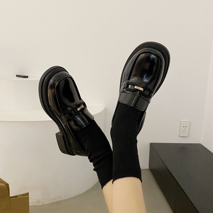 สไตล์อังกฤษ PU Casual สีทึบ Low-Top รองเท้ากลางส้นกลางปากส้นสแควร์ฝาครอบเท้าสุภาพสตรี All-Match รองเท้าไม่มีส้น
