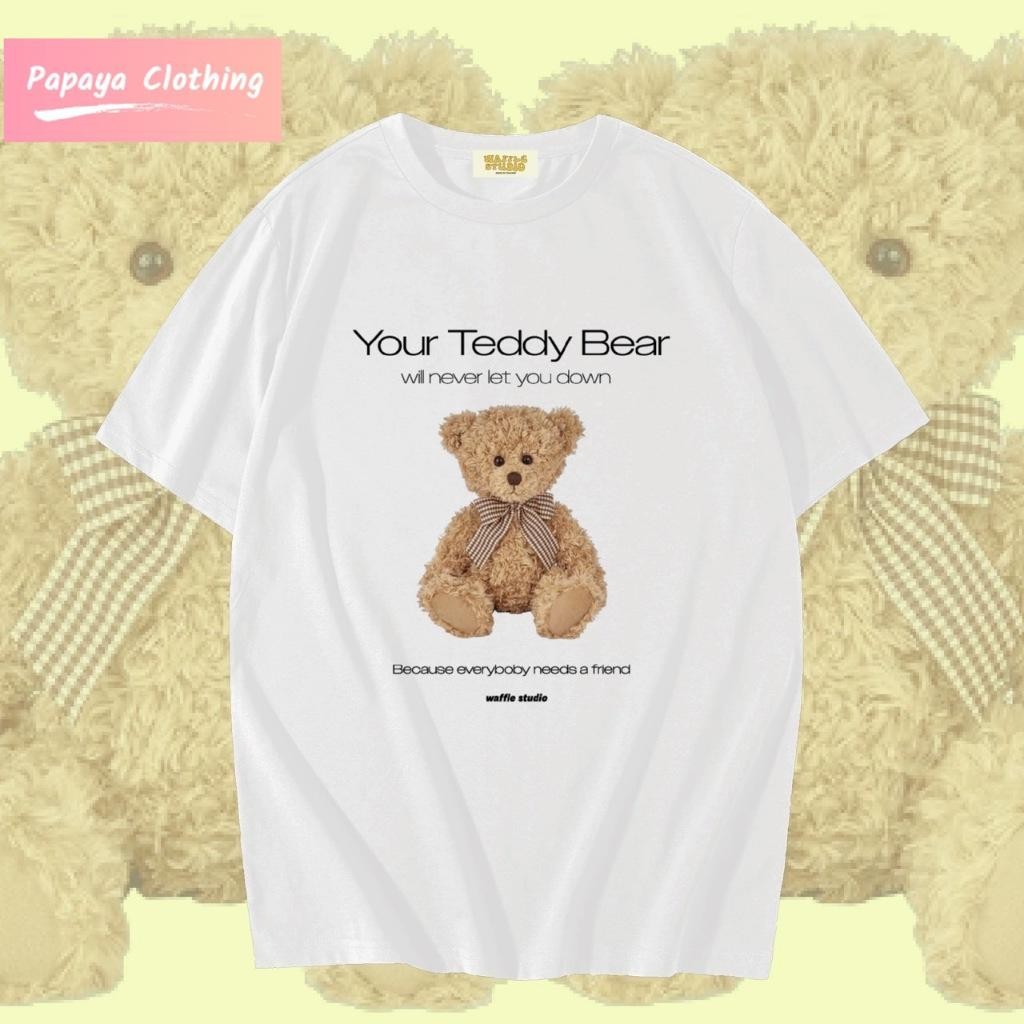 Papaya เสื้อยืดโอเวอร์ไซส์ เสื้อยืดเกาหลี ผ้าคอตตอน100% เสื้อยืด น้องหมี  WS0047