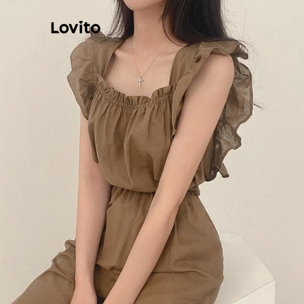 Lovito จั๊มสูทผู้หญิง สไตล์ลำลอง สีพื้น รุ่น L65ED185 (สีน้ำตาล)