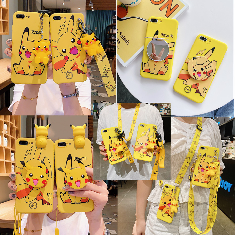 เคสโทรศัพท์มือถือ ซิลิโคนนิ่ม ลายการ์ตูนปิกาจูน่ารัก 3D พร้อมสายคล้องมือ และสายคล้องคอ และขาตั้ง สํา