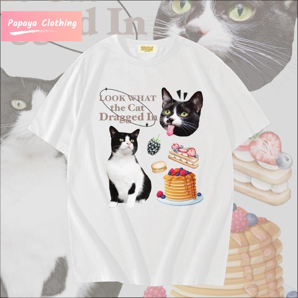 Papaya เสื้อยืดโอเวอร์ไซส์ เสื้อยืดเกาหลี ผ้าคอตตอน100% เสื้อยืดลายน้องแมว 0014