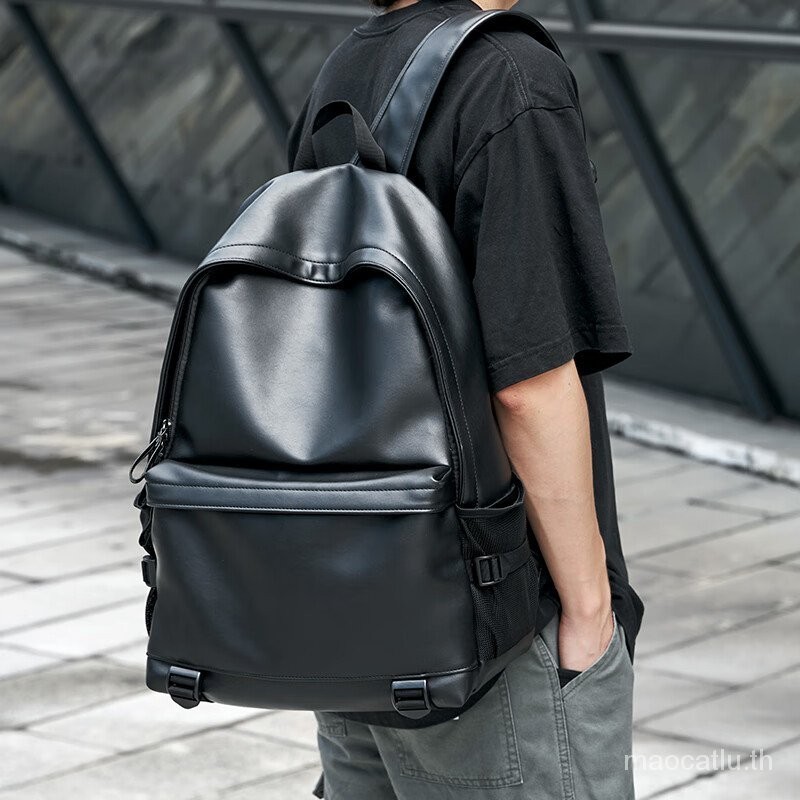 I'm Trendy Backpack Men's Business Travel Leather Backpack Casual Student Schoolbag15.6Inch Travel Computer Bag Black