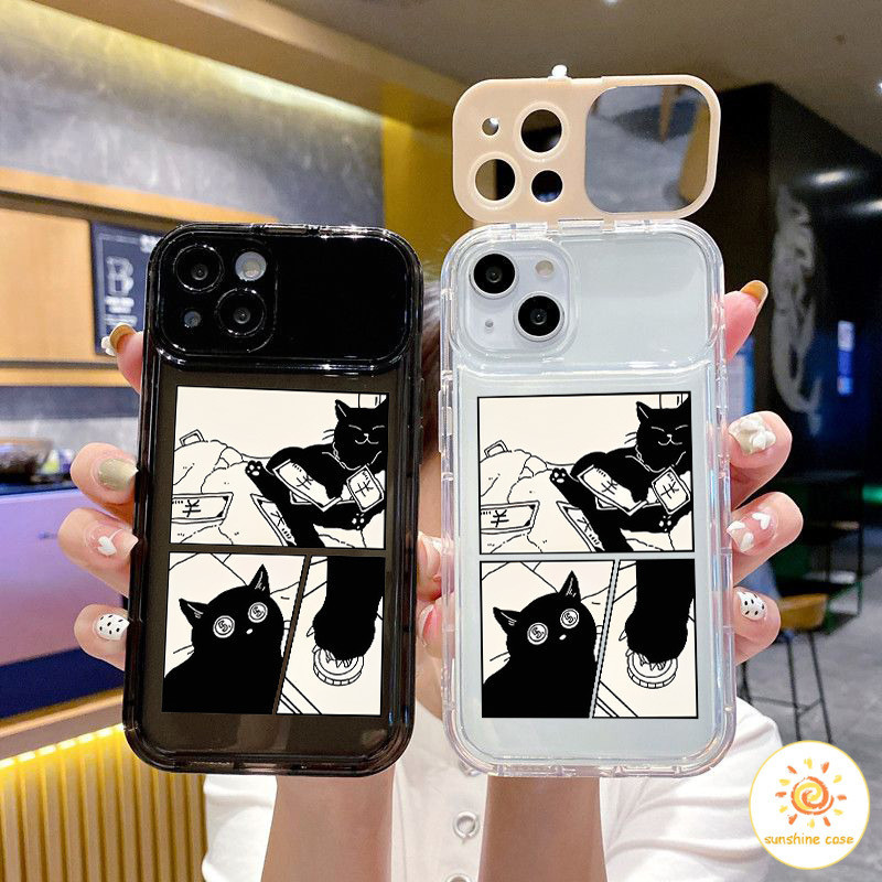 กระจกแต่งหน้า การ์ตูนแมวดำ กระจกแต่งหน้า เคสสำหรับไอโฟน11 For iPhone 11 12 13 14 15Pro MAX X XS XR XS 6 7 8Plus SE2020