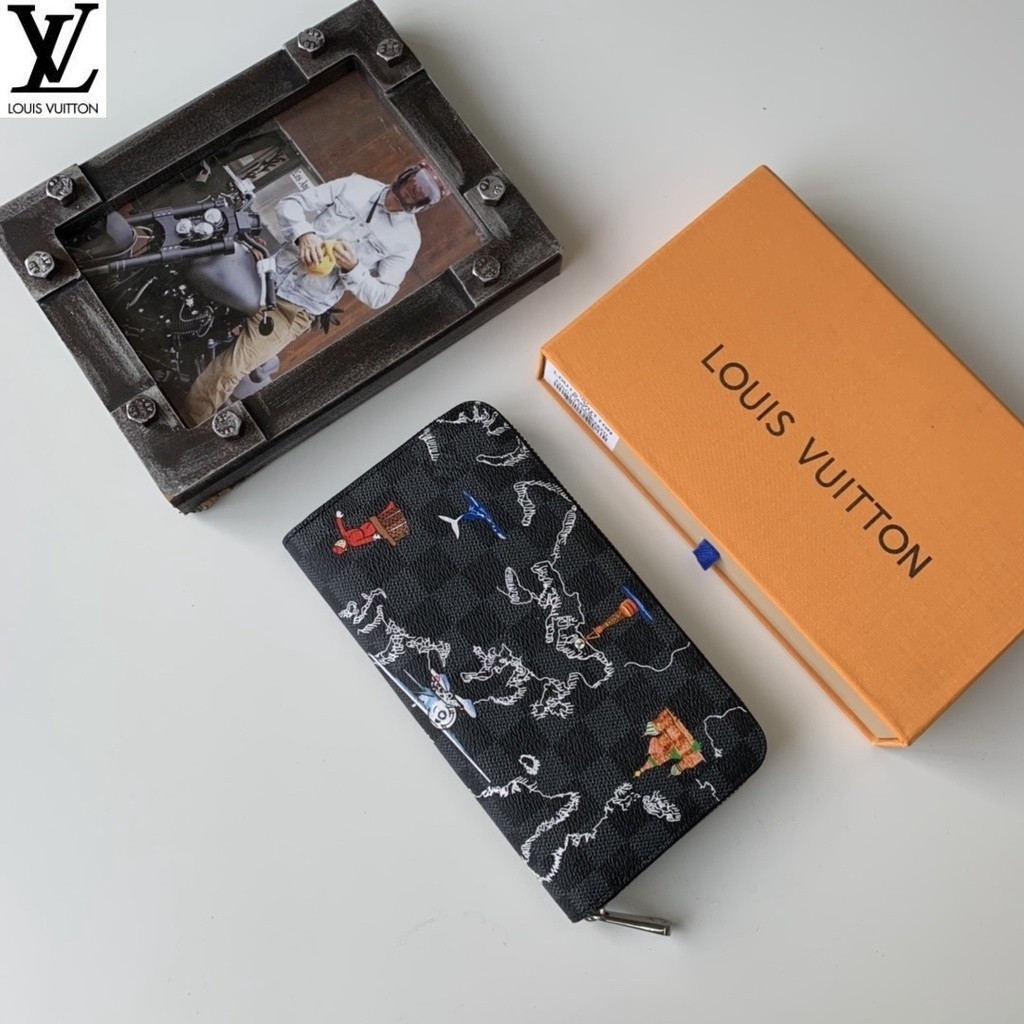 หลุยส์วิตตอง Louis Vuitton lv กระเป๋าถือ undred ten n60111 แผนที่พิมพ์ซิลค์สกรีนถุง ziplock zippy organizer ไหล่กว้าง xd