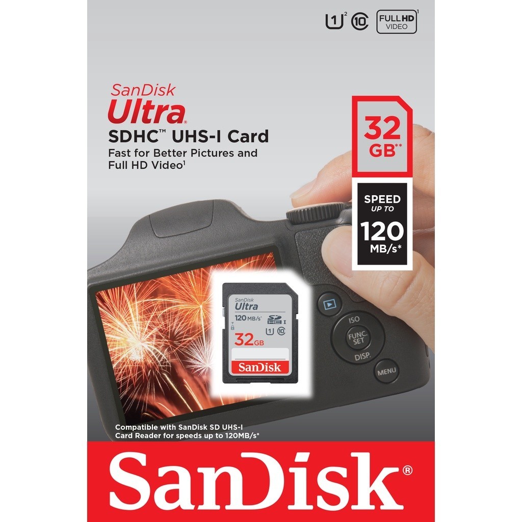 เมมโมรี่การ์ด SANDISK SDcard Ultra 32 GB (120MB/s, R) UHS-I C10 FullHD sdcard แท้ memory card camera