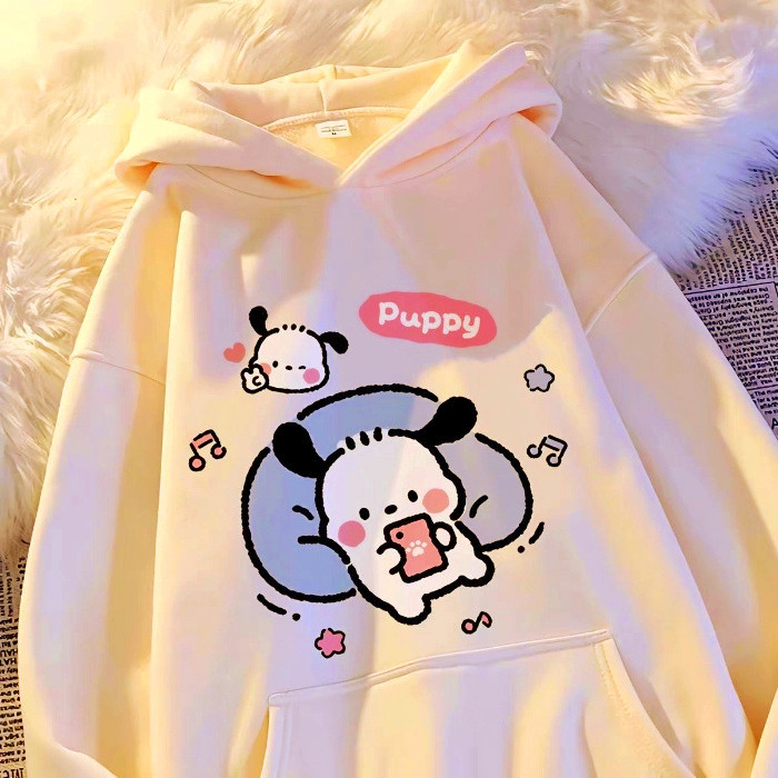 【Polyester】เสื้อกันหนาว แขนยาว มีฮู้ด พิมพ์ลายการ์ตูน Pochacco ทรงหลวม สไตล์เกาหลี สําหรับผู้หญิง