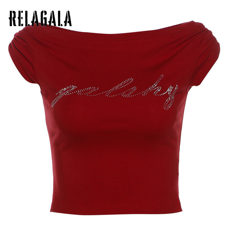 Relagala ใหม่ เสื้อยืด เปิดไหล่ ประดับเพชรเทียม ทรงสลิม แฟชั่นสําหรับสตรี 2024