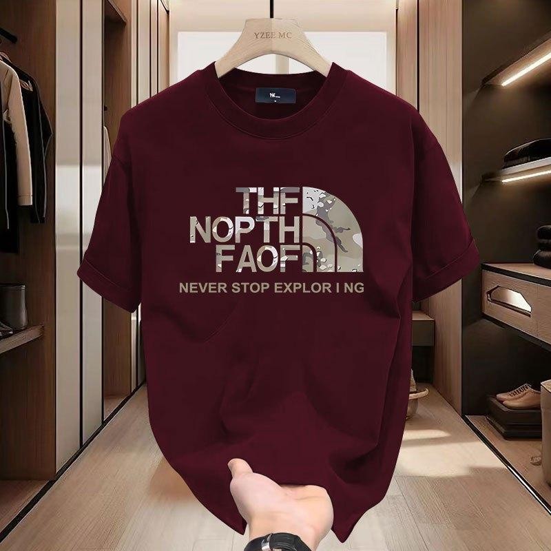 Basi💥พร้อมส่ง! ไวน์แดง เสื้อ oversize เสื้อผู้ชาย THF NOPTH FAOF ผาคอตตอน 100% เสื้อยืดผู้ชาย เสื้อส