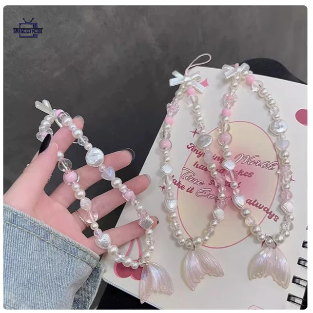 สายคล้องโทรศัพท์มือถือ ins โซ่แขวนโทรศัพท์มือถือเกาหลี เชือกเส้นเล็กน่ารัก ดอกทิวลิปคริสตัล ห่วงโซ่ลูกปัดโทรศัพท์มือถือ