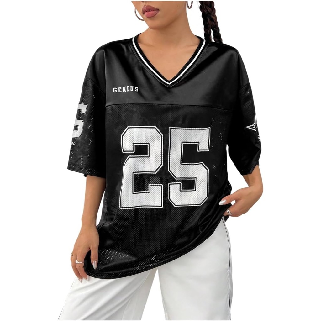ผู้หญิง Y2k Baggy เสื้อยืด V คอครึ่งแขนกีฬา Tees Jersey Top Streetwear