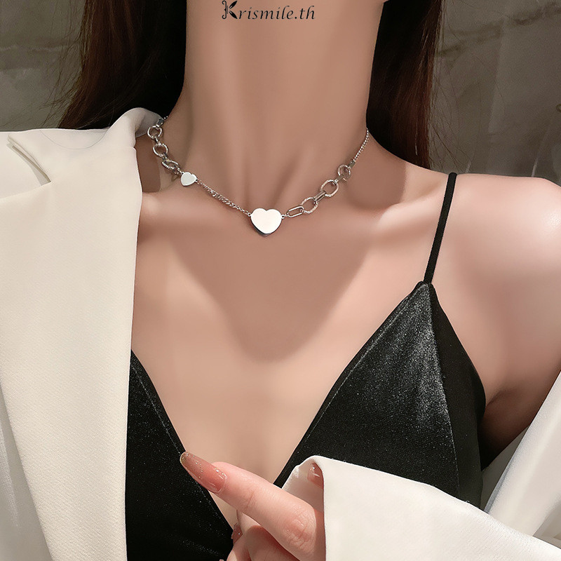 COD-ในไทย💖เย็นสไตล์ไหปลาร้าโซ่ผู้หญิงเรียบง่ายวินเทจสร้อยคอ Hip Hop หัวใจแพทช์สร้อยคอ-Kri