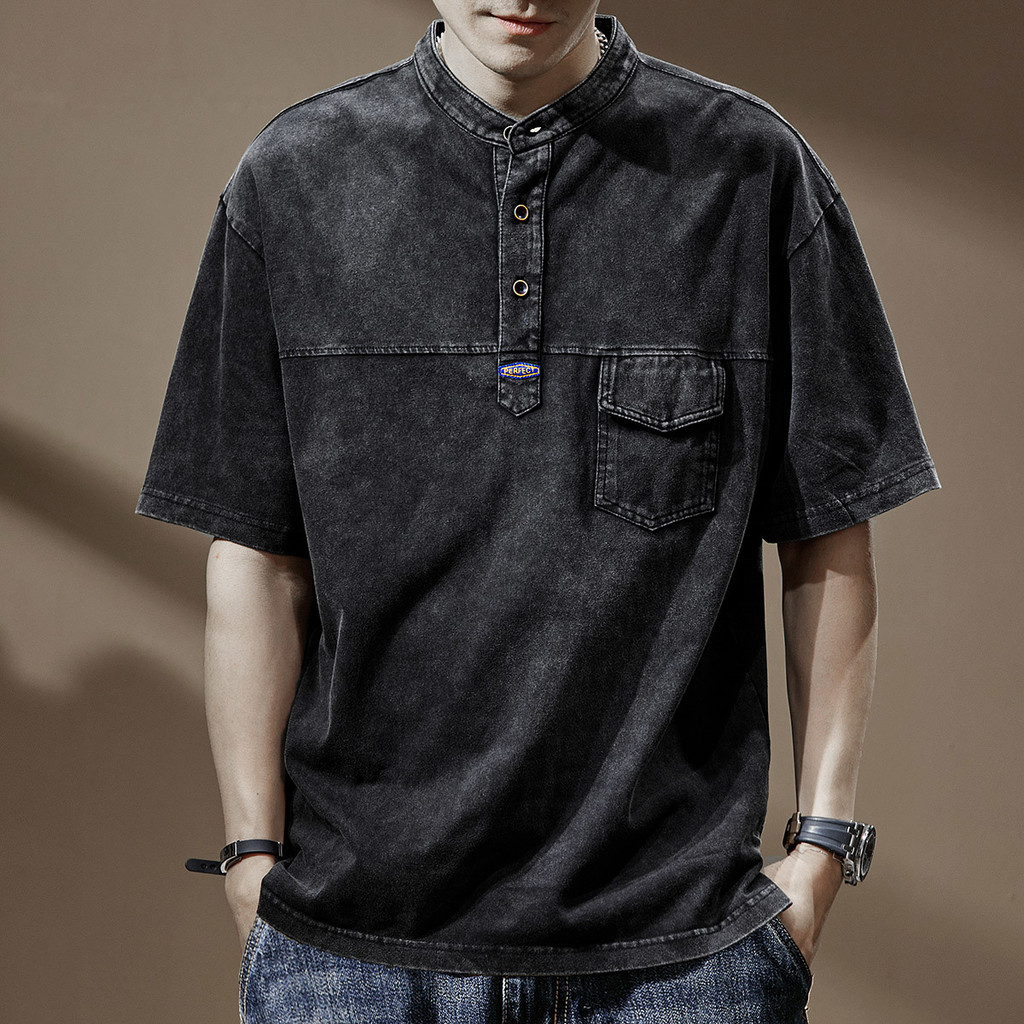 ผู้ชาย เสื้อโปโลแขนสั้นคอกลมหลวม ใหม่ ฤดูร้อน น้ำหนักมาก ฟอกขาว