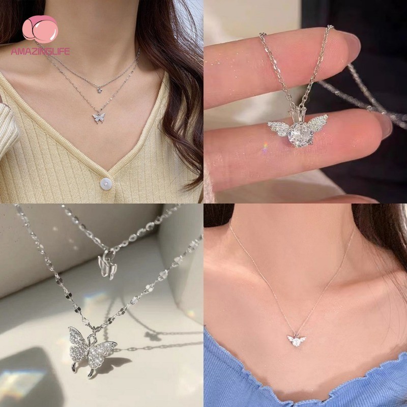 1 ชิ้น แฟชั่น มงกุฎ ปีกนางฟ้า คริสตัล จี้ สร้อยคอ วินเทจ สีเงิน กระดูกไหปลาร้า โซ่ สําหรับเด็กผู้หญิง ปีกนางฟ้า สร้อยคอ เครื่องประดับ