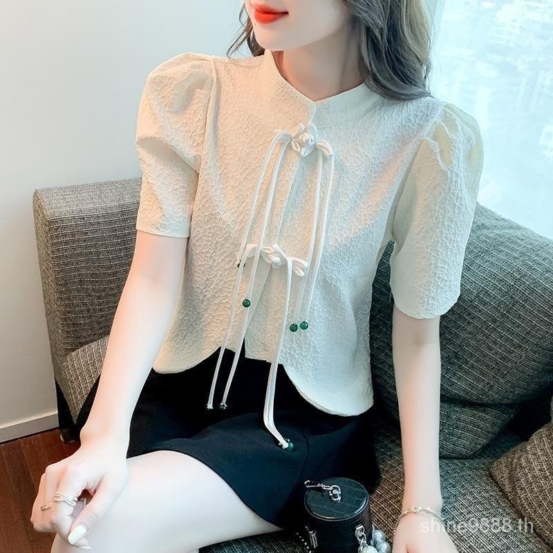 เสื้อเชิ้ตกี่เพ้า แขนสั้น คอปก กระดุมกบ เข้ากับทุกการแต่งกาย สไตล์จีนเรโทร สําหรับผู้หญิง HBJ9