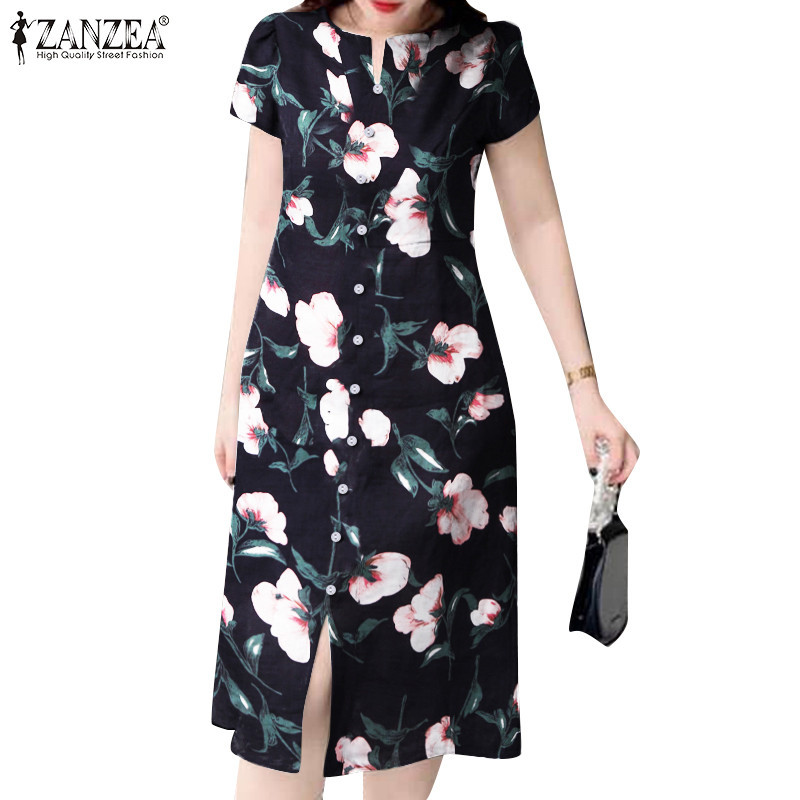 Zanzea ชุดเดรส คอกลม แขนสั้น มีซิปด้านข้าง พิมพ์ลายตาราง สีเข้ม สไตล์เกาหลี สําหรับผู้หญิง