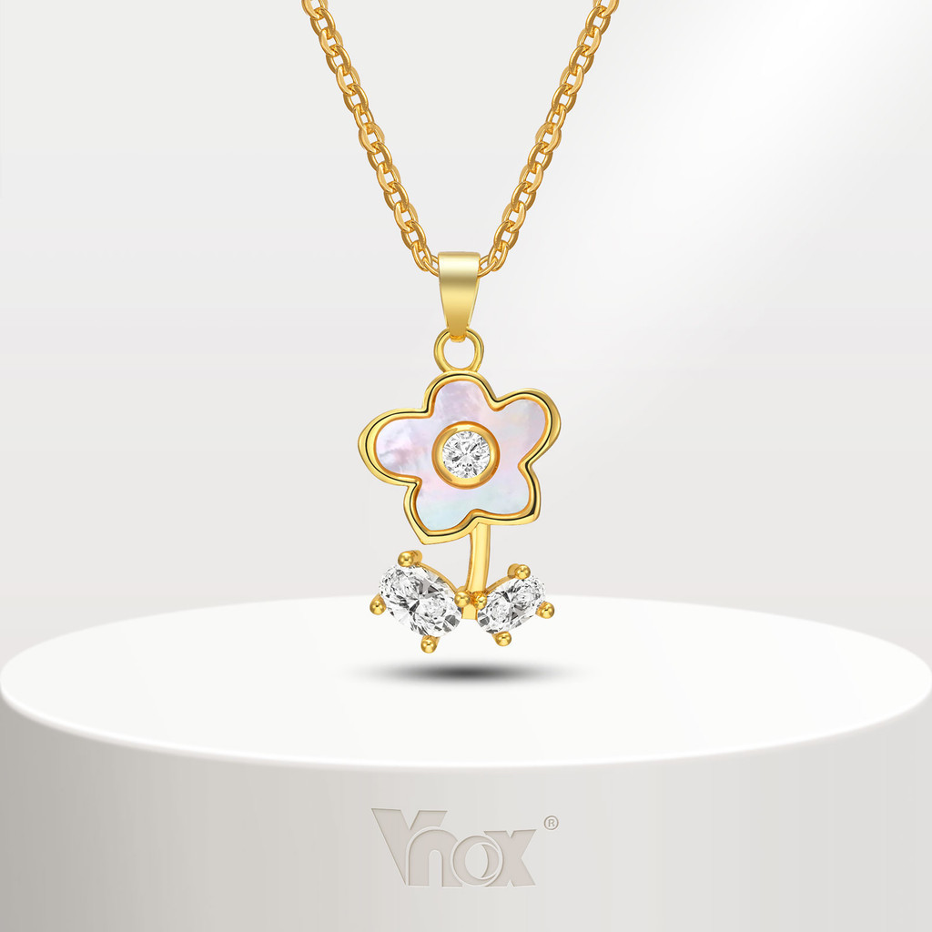 VNOX เครื่องประดับ สร้อยคอทอง 18K จี้เปลือกหอย ประดับเพทาย ลายดอกไม้ สีขาว สไตล์ฝรั่งเศส แฟชั่นเรโทร สําหรับผู้หญิง