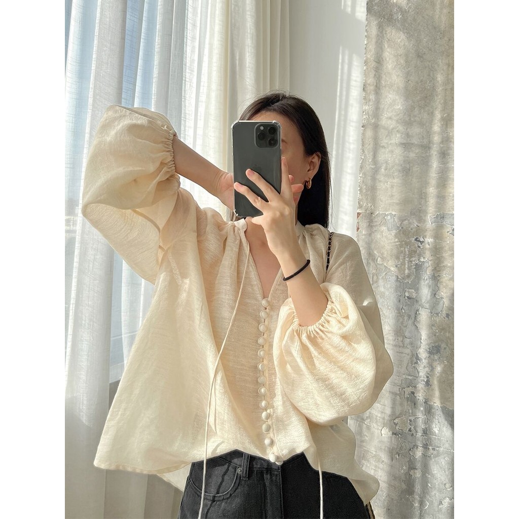 Xiao เสื้อเชิ้ตแขนตูม คอวี ผ้าลินินใส ติดกระดุม ลายดอกไม้ สไตล์แฟรี่ SCFX