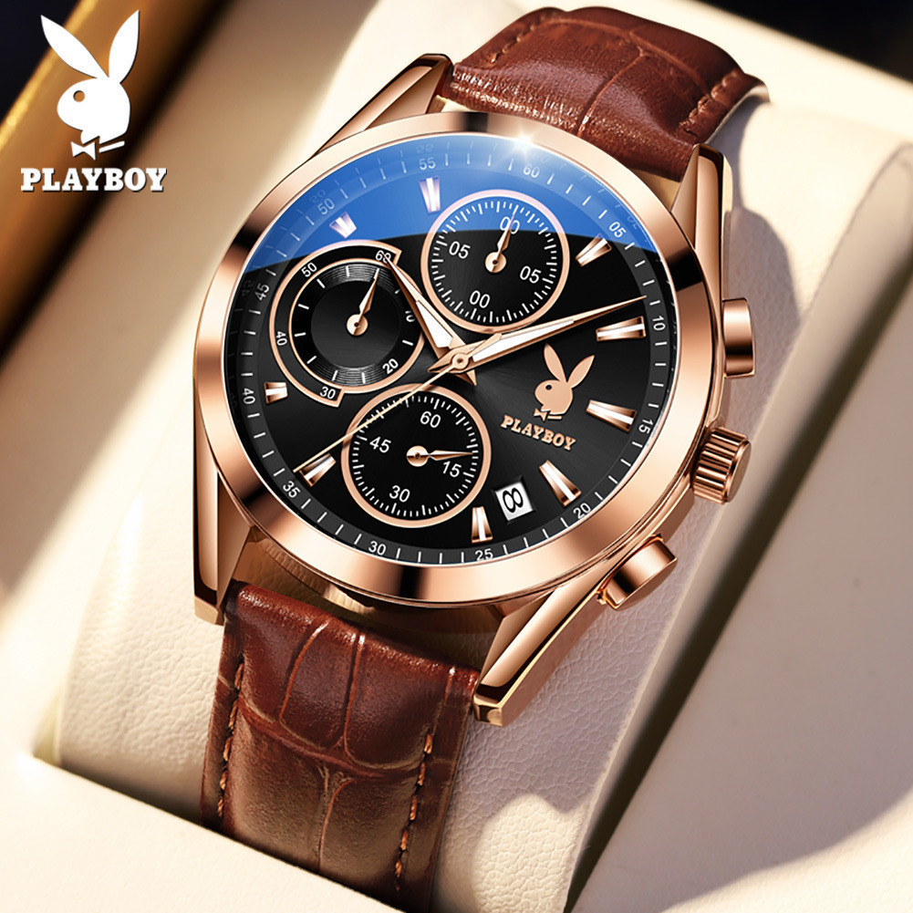 Playboy Brand 3042 (ของแท้ 100%) นาฬิกาข้อมือควอตซ์ เรืองแสง อเนกประสงค์ ระดับไฮเอนด์ สําหรับผู้ชาย