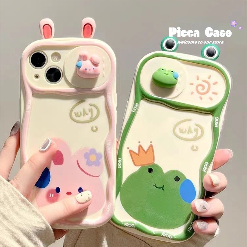 เคสโทรศัพท์มือถือ ซิลิโคนนิ่ม ขอบหยัก ลายกบ กระต่าย 3D พร้อมตุ๊กตา สําหรับ IPhone 12 11 15 14 13 Pro