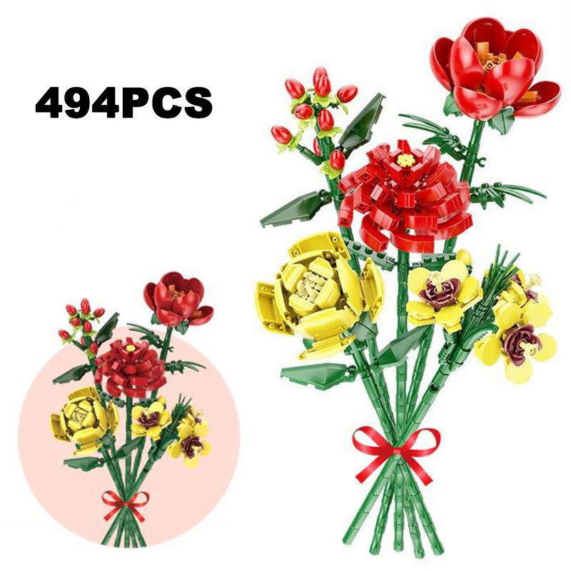 Creative Romantic Sunflower Rose Bouquet Building Blocks Flower Home Desk Plant Decoration Assemble 